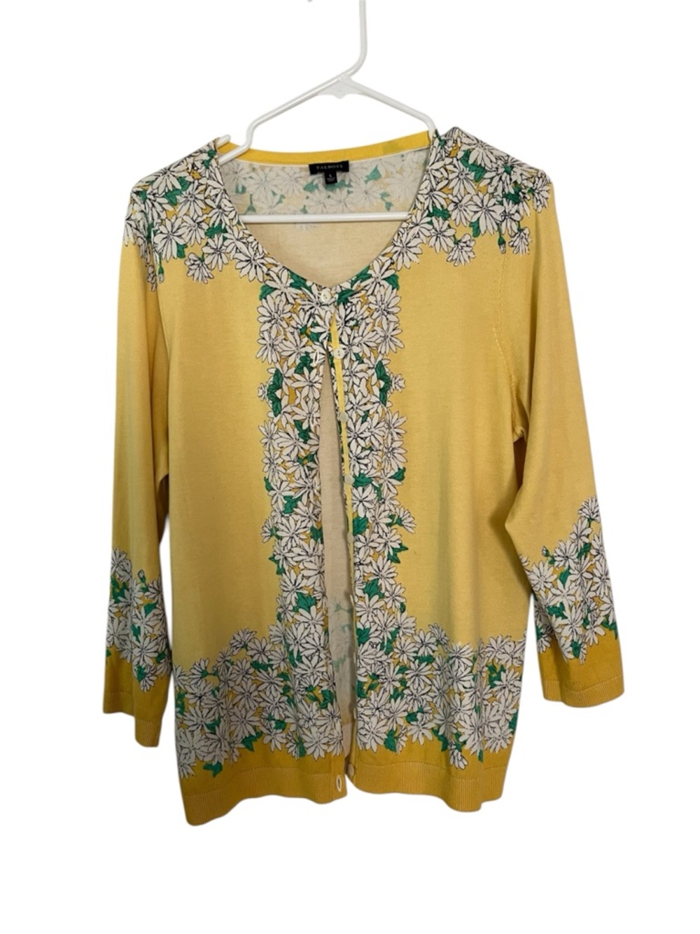 Talbots SzL Yellow Cotton Blend Cardigan with White Daisy Trim and Green Accents